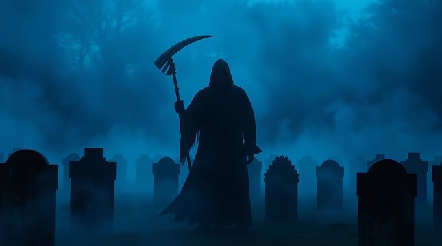 The grim reaper stands in a foggy graveyard holding a scythe, embodying death and the afterlife