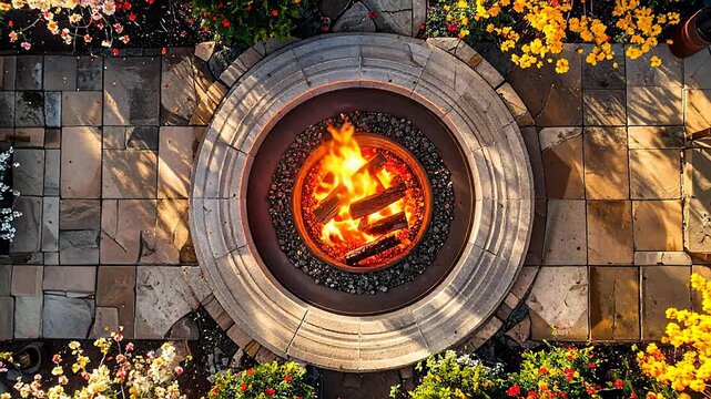 Aerial view of a cozy outdoor fire pit surrounded by colorful blooming flowers in a beautifully landscaped garden