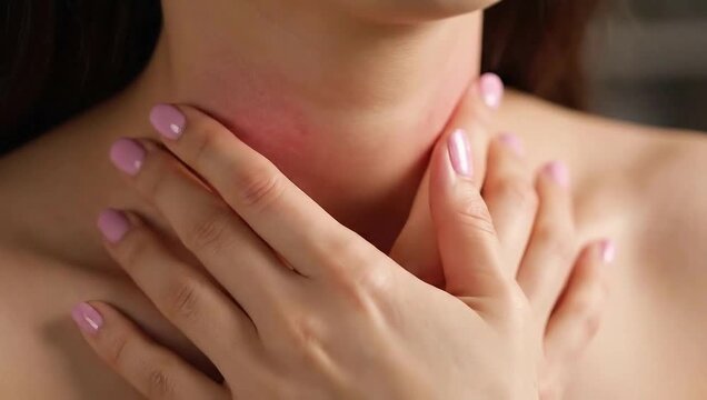 Woman Touching Irritated Red Neck Skin with Hands Close Up