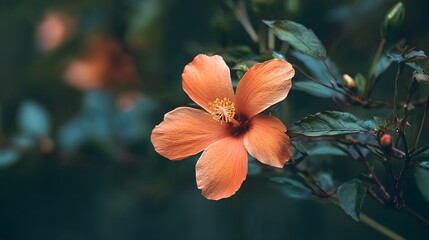 Delicate orange hibiscus flower blooms on a leafy branch.