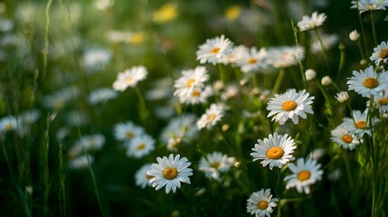Field of blooming white daisies illuminated by soft sunlight.