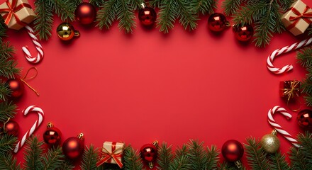 Christmas background with red ornaments, fir branches, gifts, and copy space.