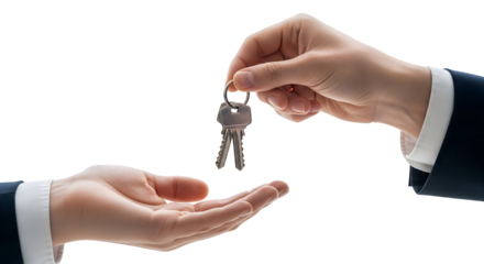 Keys being handed over, symbolizing the transfer of property or new beginnings, isolated on transparent background