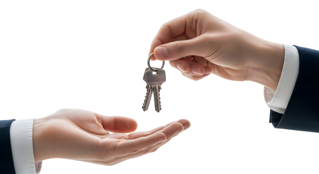 Keys being handed over, symbolizing the transfer of property or new beginnings, isolated on transparent background