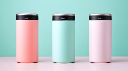 Pastel bin minimalist recycle container lid metal plastic cylinder trio studio soft color mint pink blush teal clean modern tidy eco waste sort indoor row front view neutral smooth matte household