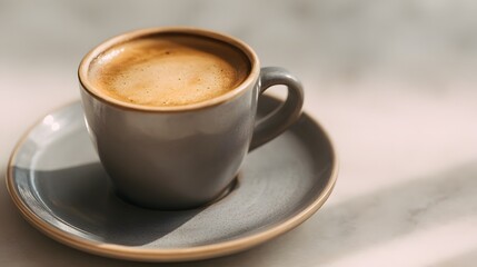 Fototapeta premium Cup of hot espresso coffee sits on a saucer in soft daylight.