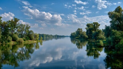 Fototapeta premium Serene river landscape under a bright blue sky with fluffy white clouds.