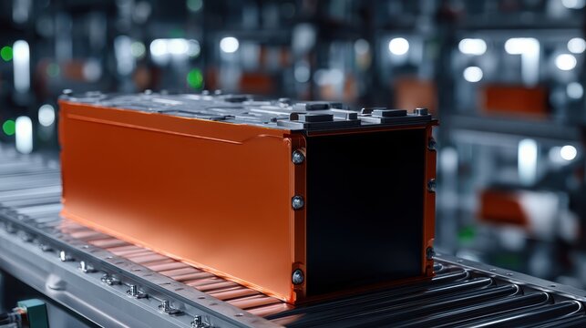 Electric vehicle battery module traveling on conveyor belt in modern high tech manufacturing facility for sustainable transportation
