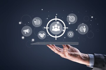 Digital marketing targeting. Businessman with marketing icons