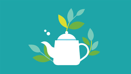 Vector art of a white teapot with green leaves and two bubbles on a teal background, perfect for a tea shop or a tearelated product advertisement