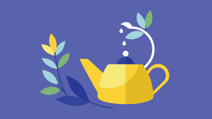 Vector art of a yellow teapot with leaves and water drops, representing tea, herbal medicine, and healthy lifestyle choices