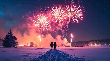 Couple Watching Fireworks Display Over Snowy Landscape at Night with Bright Colors and Clear Sky - Powered by Adobe