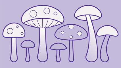 Vector art of a delightful array of outlined mushrooms in different shapes and sizes against a soft purple backdrop, a whimsical vector art