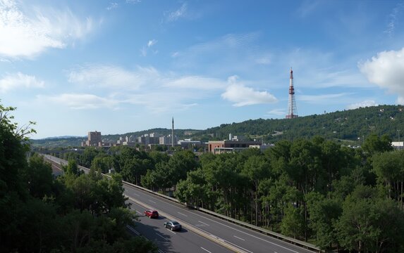 Binghamton, New York, showing downtown buildings, a busy highway with moving cars, and the WNBF radio tower on a distant green hill under a blue sky