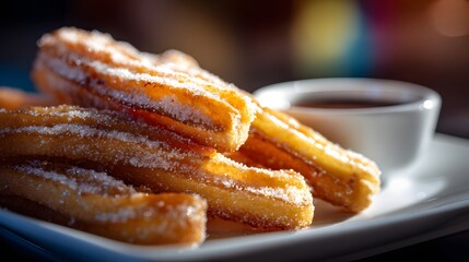 Fried dough pastry sticks coated with sugar and cinnamon are served with dipping sauce.