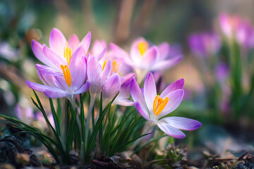 Fototapeta premium Delicate Purple Crocus Flowers with Yellow Stamens Blooming in a Spring Garden, Soft Focus