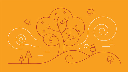 Vector art of whimsical landscape illustration featuring a stylized tree, rolling hills, and swirling wind on a vibrant orange background