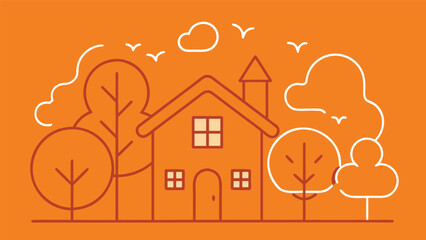 Vector art of charming house illustration surrounded by trees, clouds, and birds on an orange background, creating a cozy and inviting scene