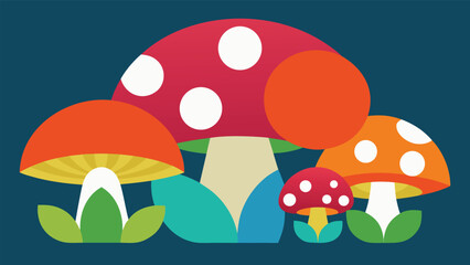 Vector art of a colorful group of mushrooms with red, orange, and yellow caps, set against a dark teal background in a flat vector style