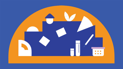 Vector art of a creative workspace scene in minimalist style, featuring office supplies and geometric shapes on a vibrant background