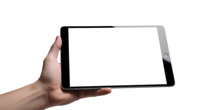 A hand holding a digital tablet with a blank screen. The tablet is sleek and modern, offering a blank space for creative content, isolated on transparent background