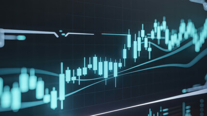 Close up view of digital financial chart displaying stock market trends with glowing blue candlestick patterns and grid lines, conveying sense of analysis and investment strategy