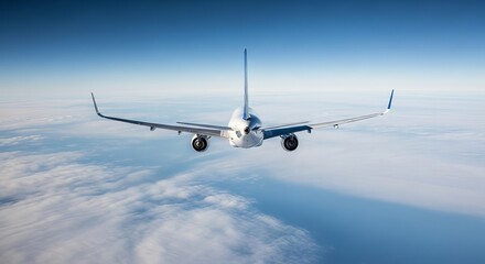 Airplane Tail View in Flight Against a Blue Sky Above Clouds Aviation Adventure Commercial Travel Aircraft Wing Modern Design Transportation Flying Above Clouds Airline Flight Deck