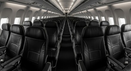 Airplane Interior with Black Leather Seats: Comfortable and Luxurious Seating Arrangement for Passengers on Commercial Aviation Flights Cabin