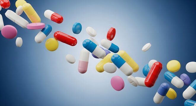 Colorful Medicine Pills and Capsules Floating on Blue Background, Pharmaceutical Healthcare Concept, Antibiotics Vitamin Supplements, Drug Treatment and Pharmacy Banner