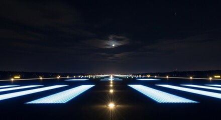 Airport Runway at Night with Illuminated Guidance Lights Under Moonlit Sky: Aviation Infrastructure, Landing Strip, Navigation, Airfield, Transportation, Travel, Modern