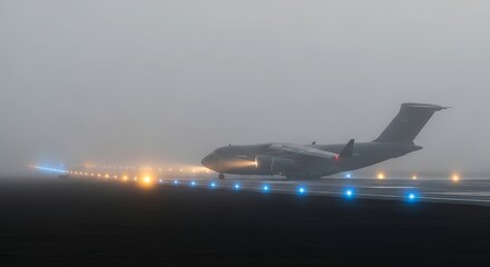 Cargo Plane Landing on Foggy Runway at Night: C-17 Aircraft on Approach with Runway Lights in Low Visibility Conditions. Military Aviation, Night Flight, and Aviation Safety in Atmospheric Image