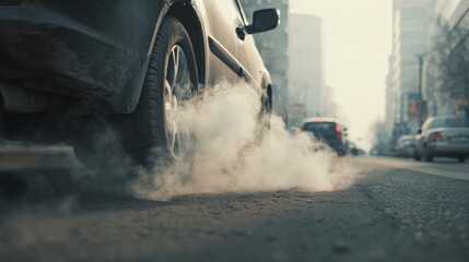 Stunning photo of car kicking up dust and smoke on a city street.