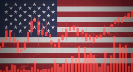 United States flag overlaid with stock market candlestick chart, financial data analytics showing economic growth and trading trends in American economy, concept of investment and finance in USA