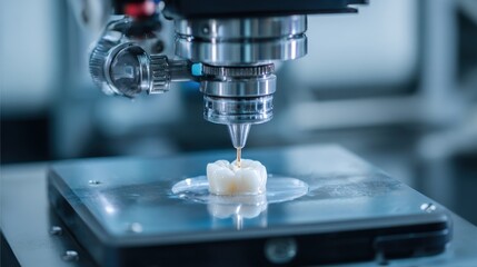 Stunning photo of closeup of a 3d dental printer creating a tooth crown.
