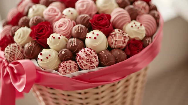 A beautiful arrangement of chocolate truffles and rose-shaped sweets in red and pink hues.