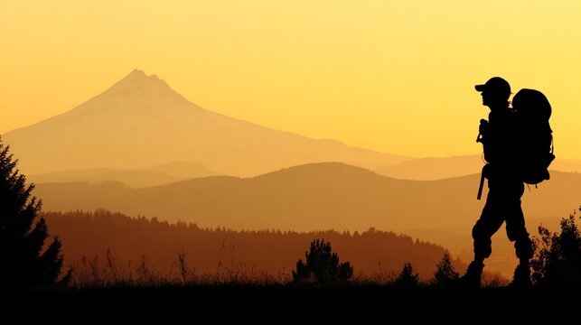 A mountain climber gazes at a distant peak, silhouetted against a golden sunrise in a dramatic landscape.