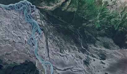 Alaskan River Landscape: High-Resolution Aerial View of Braided River Systems, Tundra, and Mountain...