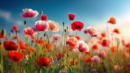 Stunning photo of field of vibrant red and pink poppies blooming under a clear blue sky.