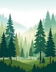 Fototapeta premium Serene Pine Forest Landscape with Misty Background and Green Hills.