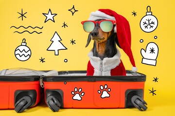Cheerful dachshund dressed in a santa outfit with sunglasses sits in an open suitcase, set against a vibrant yellow backdrop adorned with holiday doodles.