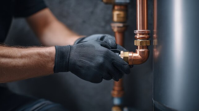 Stunning photo of plumber wearing gloves connects copper pipes with brass fittings.