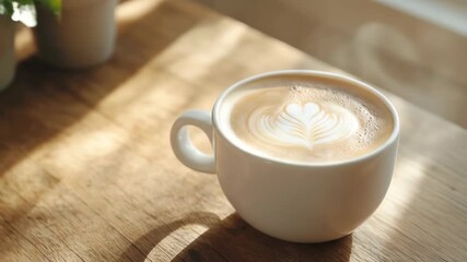 Latte art in white cup with sunshine on wooden table background - Powered by Adobe