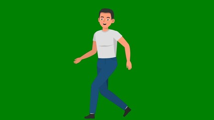 A man walking on green background and in jeans white t - shirt is standing green screen animated chromakey background style creative emotion depth expression elements colorful figure