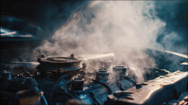 Stunning photo of steam rising from a car engine, indicating an overheating problem.