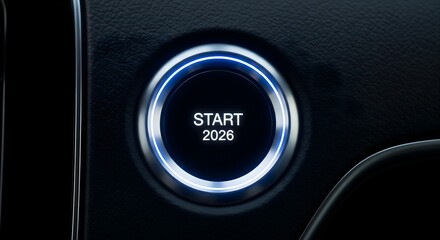 Illuminated start button labeled “Start 2026” in modern car dashboard, symbolizing new beginnings, futuristic automotive technology, and innovation for the next generation of vehicles