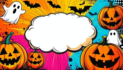 Pop art Halloween background with comic-style ghosts and pumpkins in bright halftone texture