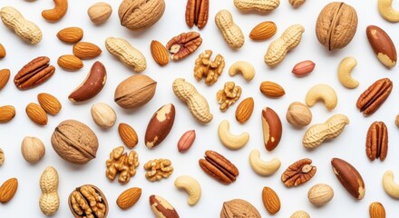 A diverse assortment of nuts including walnuts, almonds, pecans, cashews, and peanuts scattered on a white background
