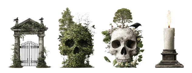 Artistic Collection of Nature-Inspired Elements Featuring Skull and Candle Designs