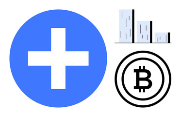 Fototapeta premium Bitcoin symbol, blue plus sign, and bar chart highlight growth, innovation, technology, and cryptocurrency finance. Ideal for blockchain, investment, savings business progress abstract and simple