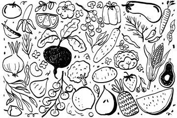 Hand-drawn doodle set of fruits and vegetables
